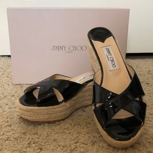 💯 JIMMY CHOO BLACK LEATHER WEDGE SANDALS SHOES 🖤